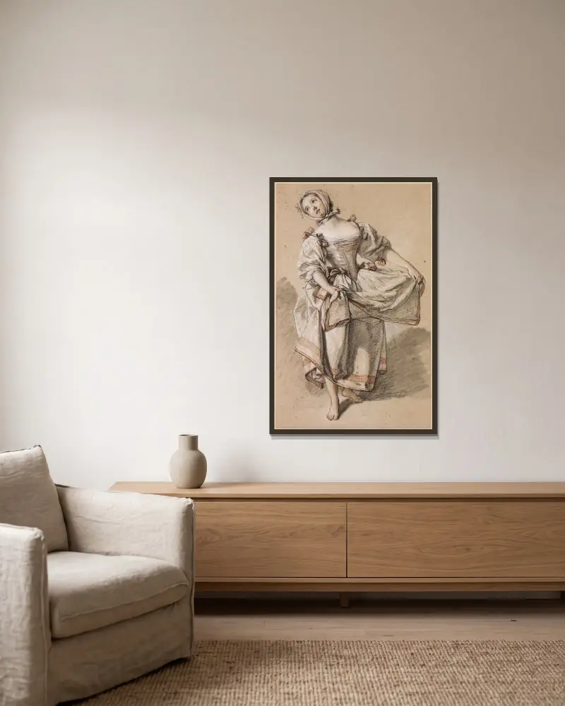 Ung dansande lantflicka av François Boucher inramad på en vägg