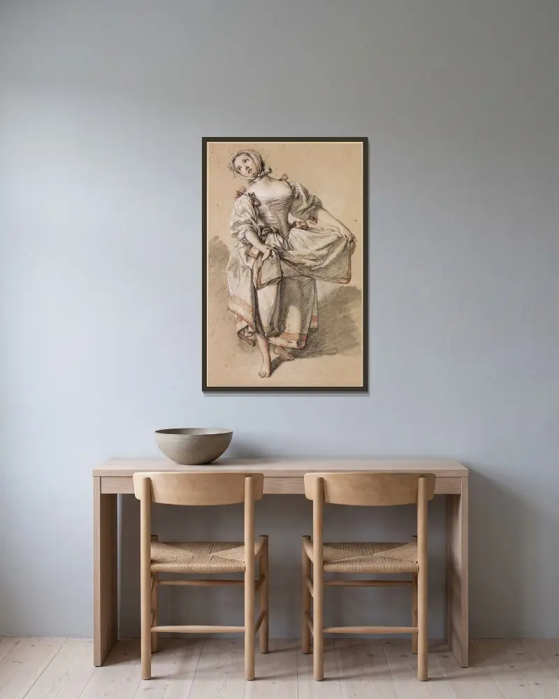 Ung dansande lantflicka av François Boucher inramad på en vägg
