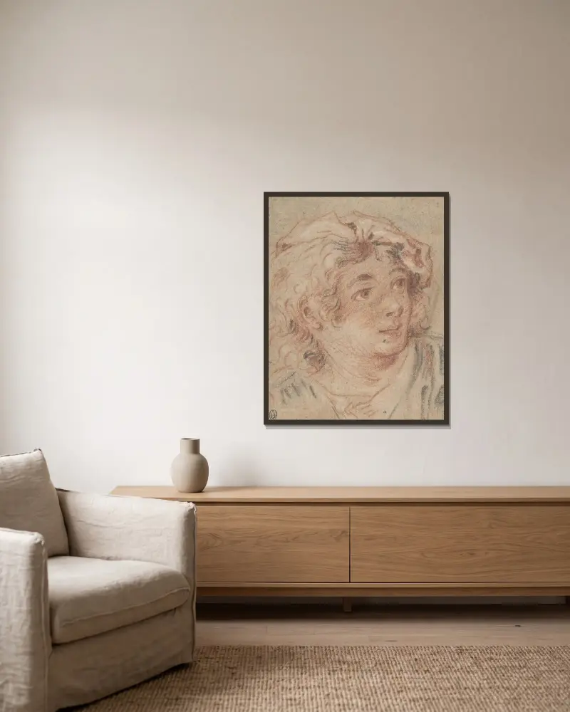 Ung man med basker av François Boucher inramad på en vägg