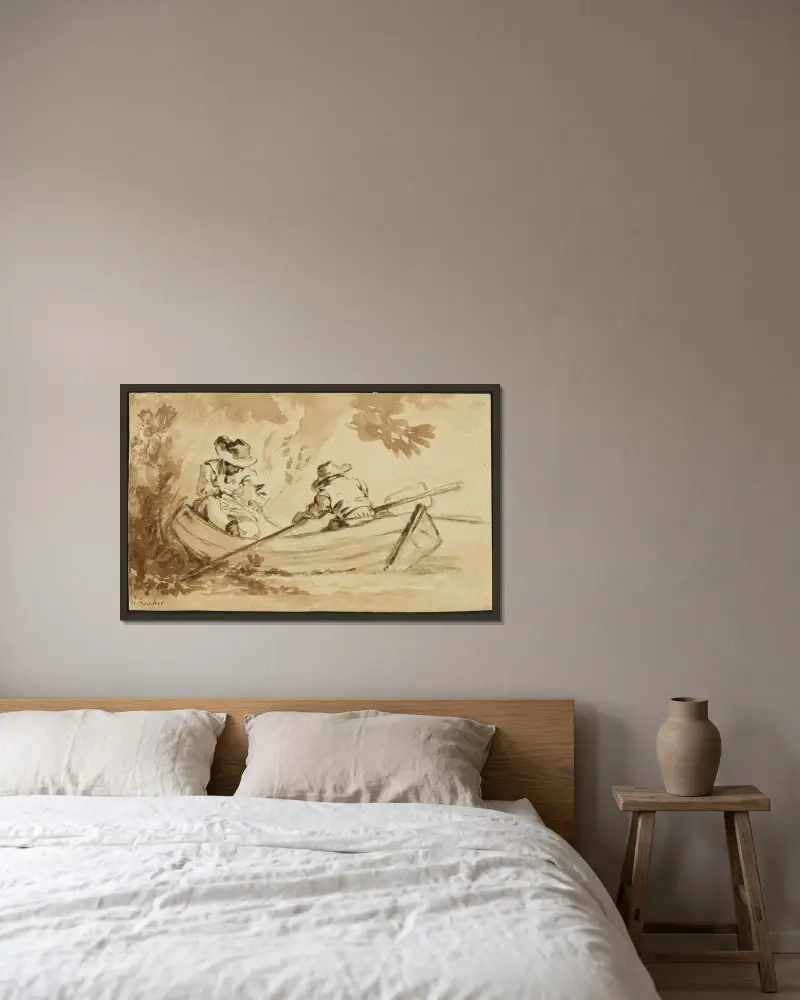 Två män i roddbåt av François Boucher inramad på en vägg