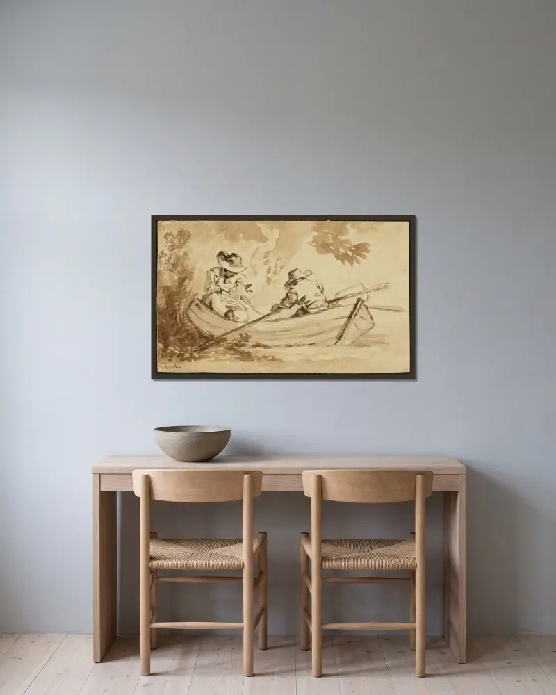Två män i roddbåt av François Boucher inramad på en vägg