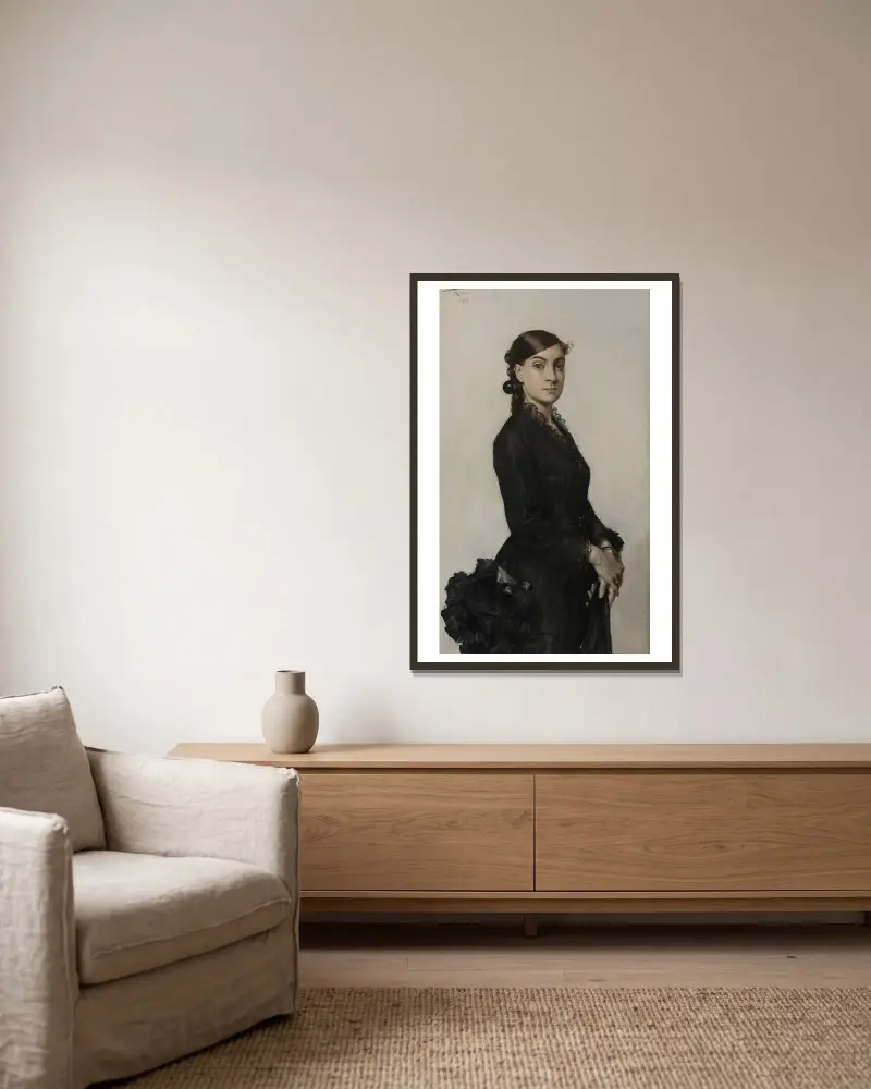 Portrait de Jacqueline Comerre-Paton en robe noire av Léon François Comerre inramad på en vägg