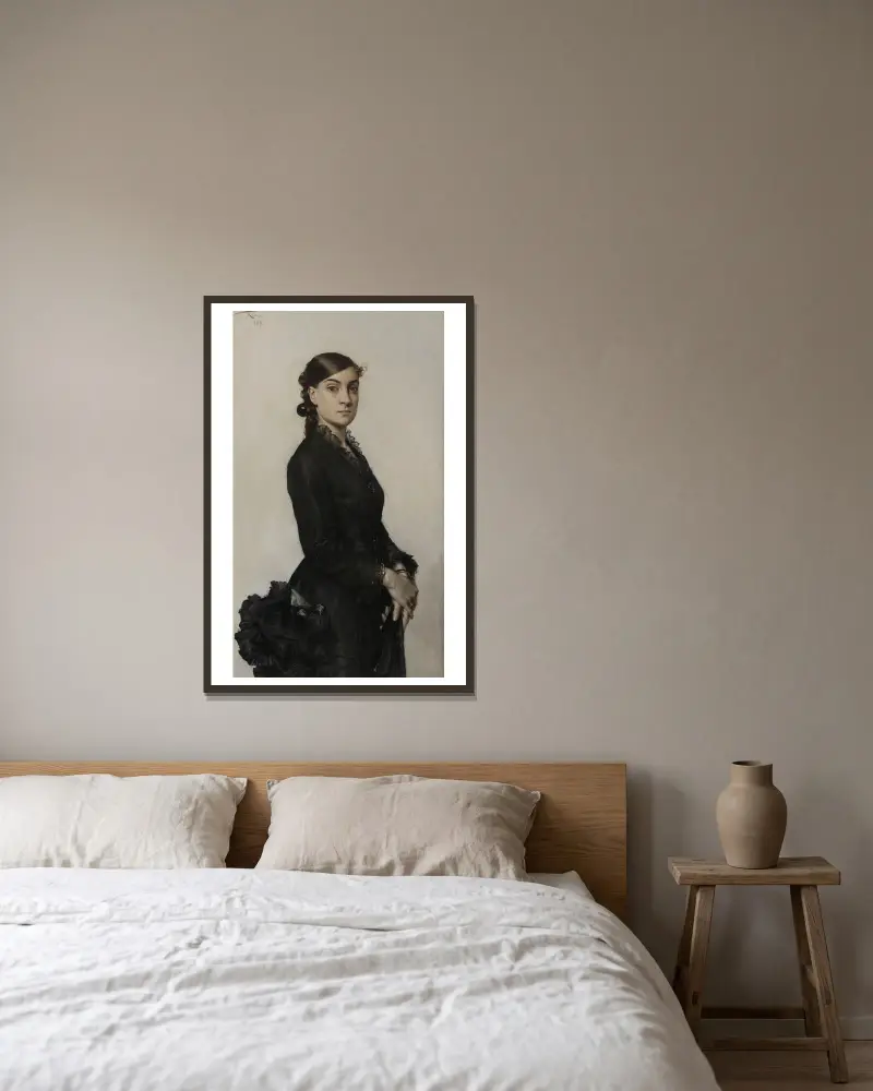 Portrait de Jacqueline Comerre-Paton en robe noire av Léon François Comerre inramad på en vägg