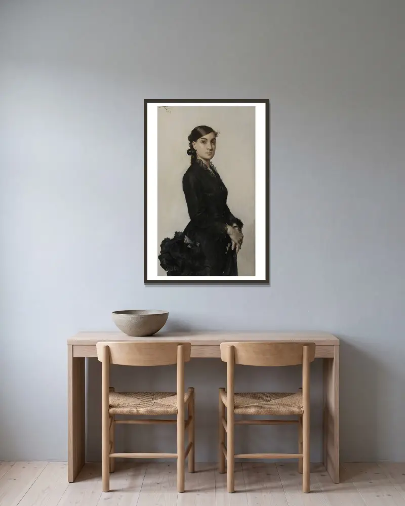 Portrait de Jacqueline Comerre-Paton en robe noire av Léon François Comerre inramad på en vägg