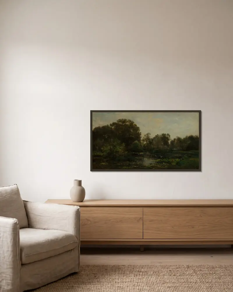 Flodlandskap med storkar av Charles François Daubigny inramad på en vägg