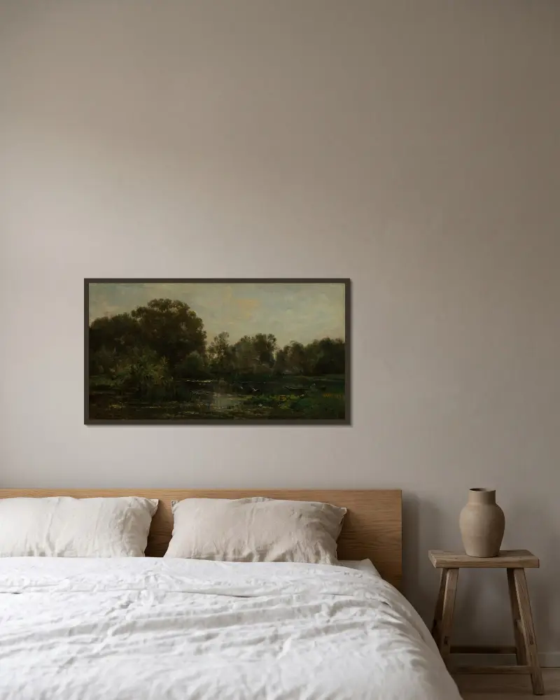 Flodlandskap med storkar av Charles François Daubigny inramad på en vägg