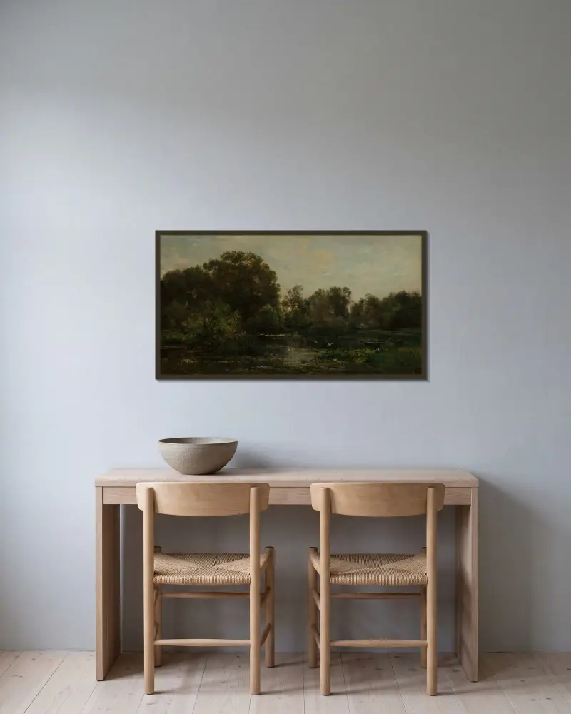 Flodlandskap med storkar av Charles François Daubigny inramad på en vägg