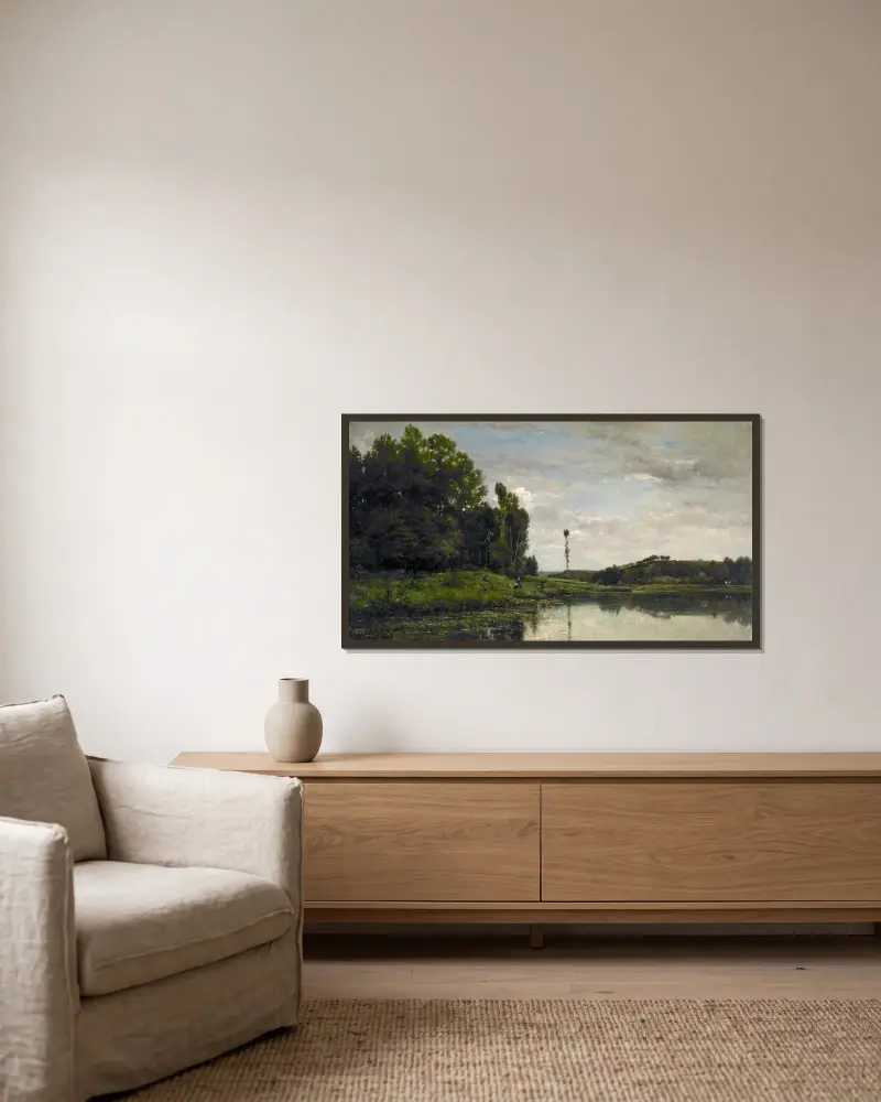 Oise-flodens stränder vid Auvers av Charles François Daubigny inramad på en vägg