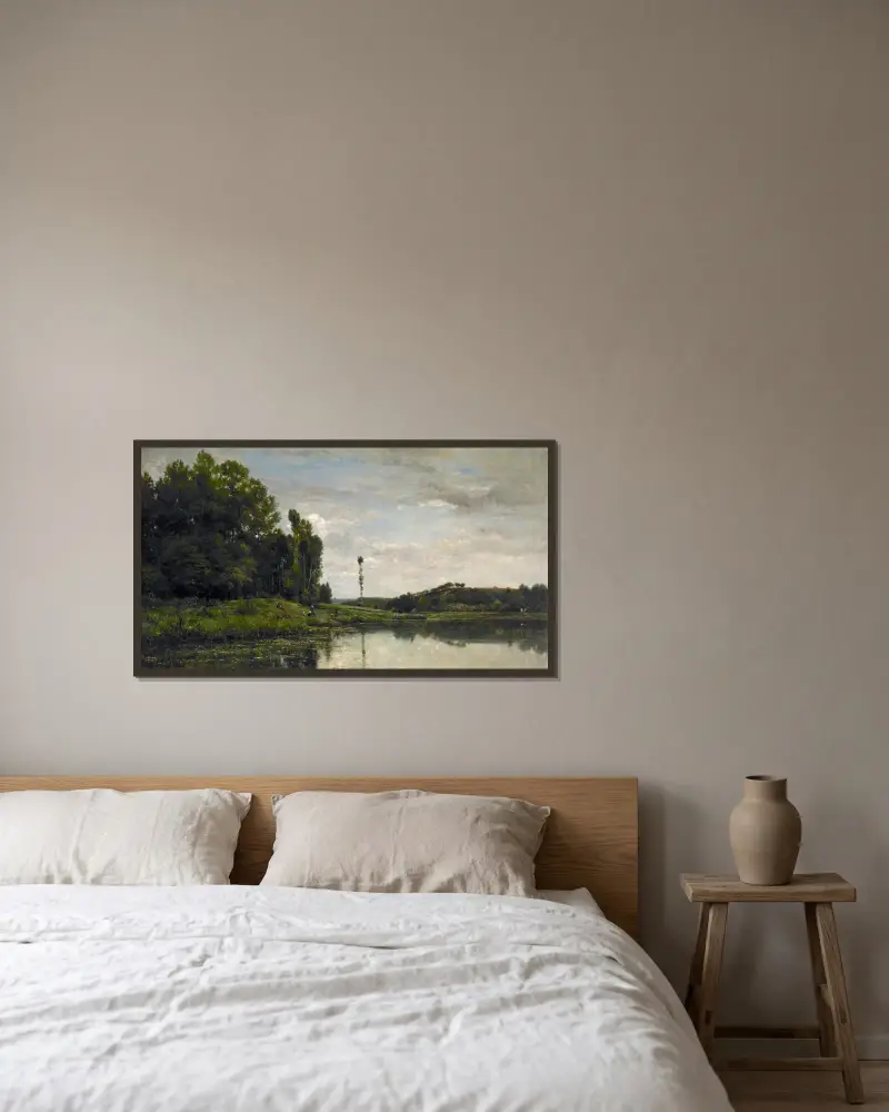 Oise-flodens stränder vid Auvers av Charles François Daubigny inramad på en vägg
