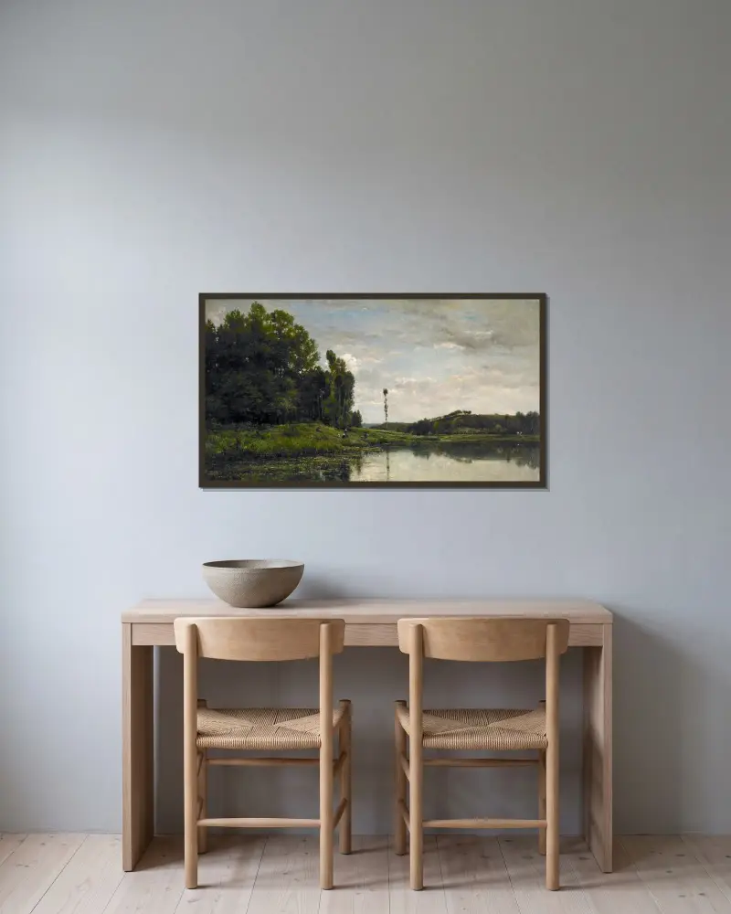 Oise-flodens stränder vid Auvers av Charles François Daubigny inramad på en vägg