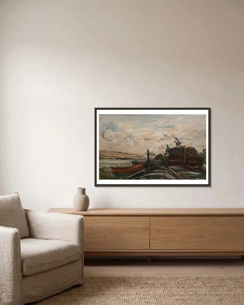 Barki na rzece, Charles François Daubigny w ramie na ścianie