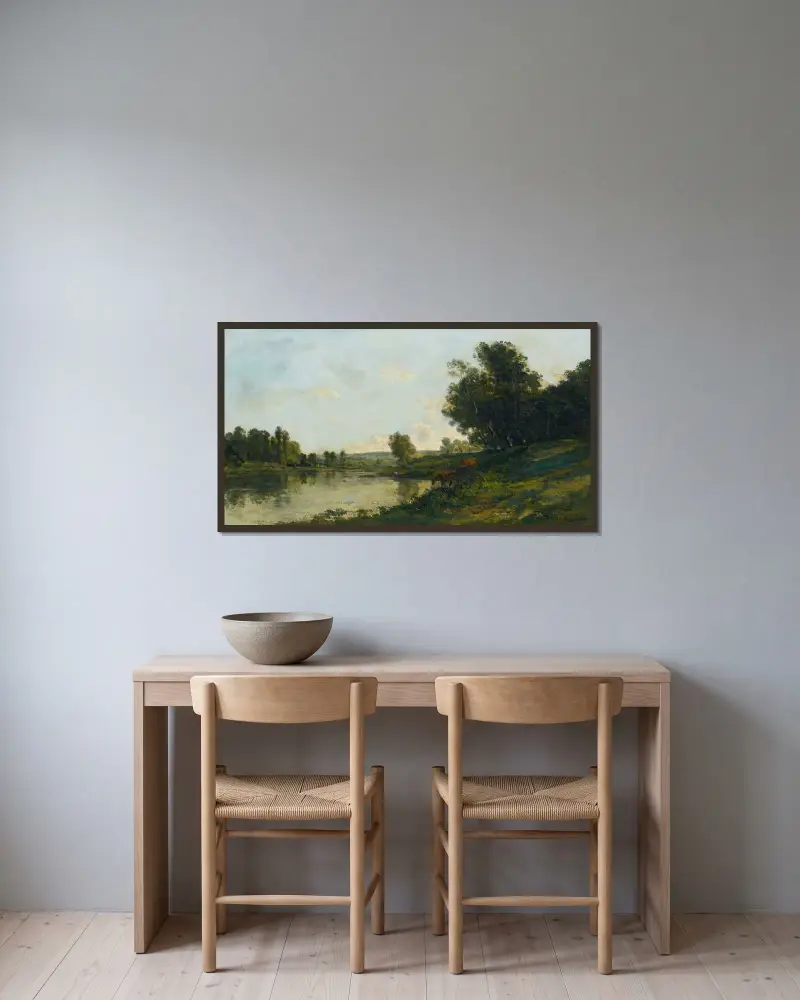 Flodstranden av Charles François Daubigny inramad på en vägg