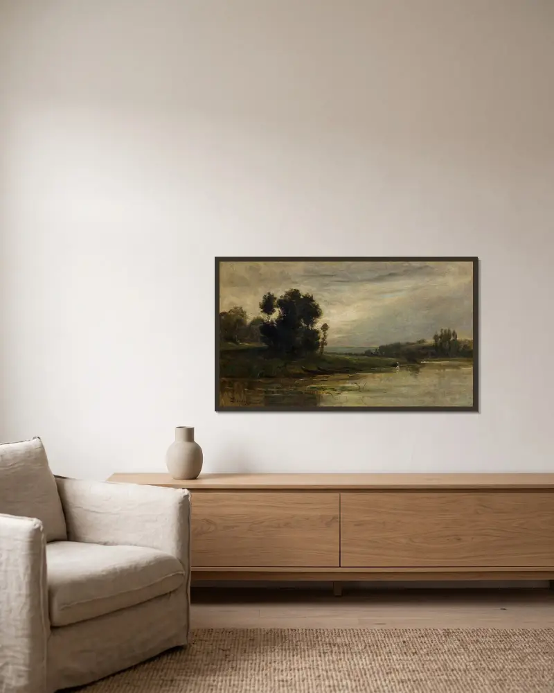 Oise-flodens stränder av Charles François Daubigny inramad på en vägg