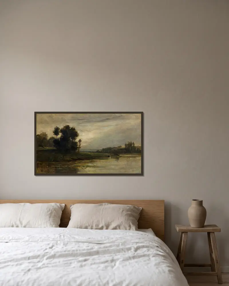 Oise-flodens stränder av Charles François Daubigny inramad på en vägg