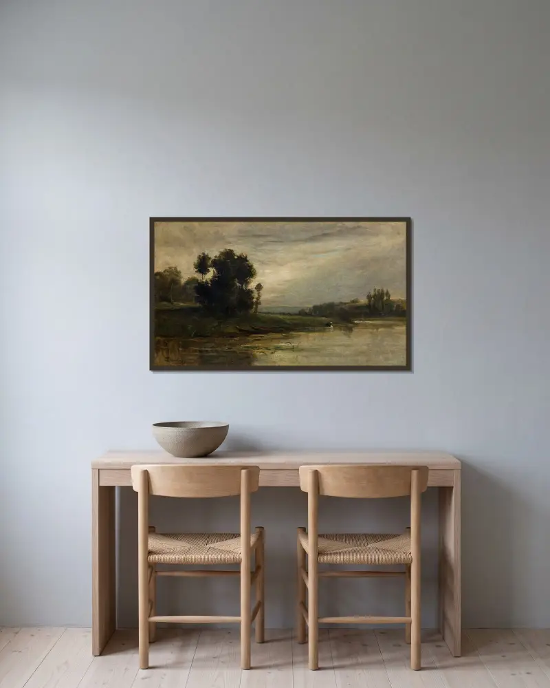 Oise-flodens stränder av Charles François Daubigny inramad på en vägg
