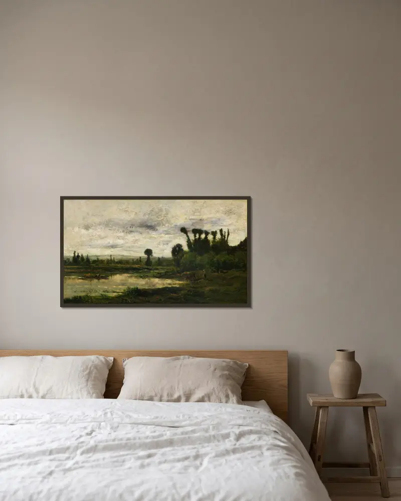 Oiseflodens stränder, åskväder av Charles François Daubigny inramad på en vägg