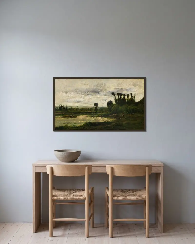 Oiseflodens stränder, åskväder av Charles François Daubigny inramad på en vägg