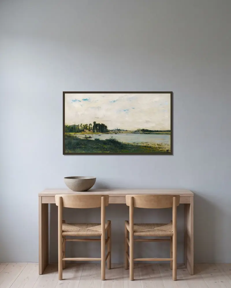 Conflans av Charles François Daubigny inramad på en vägg
