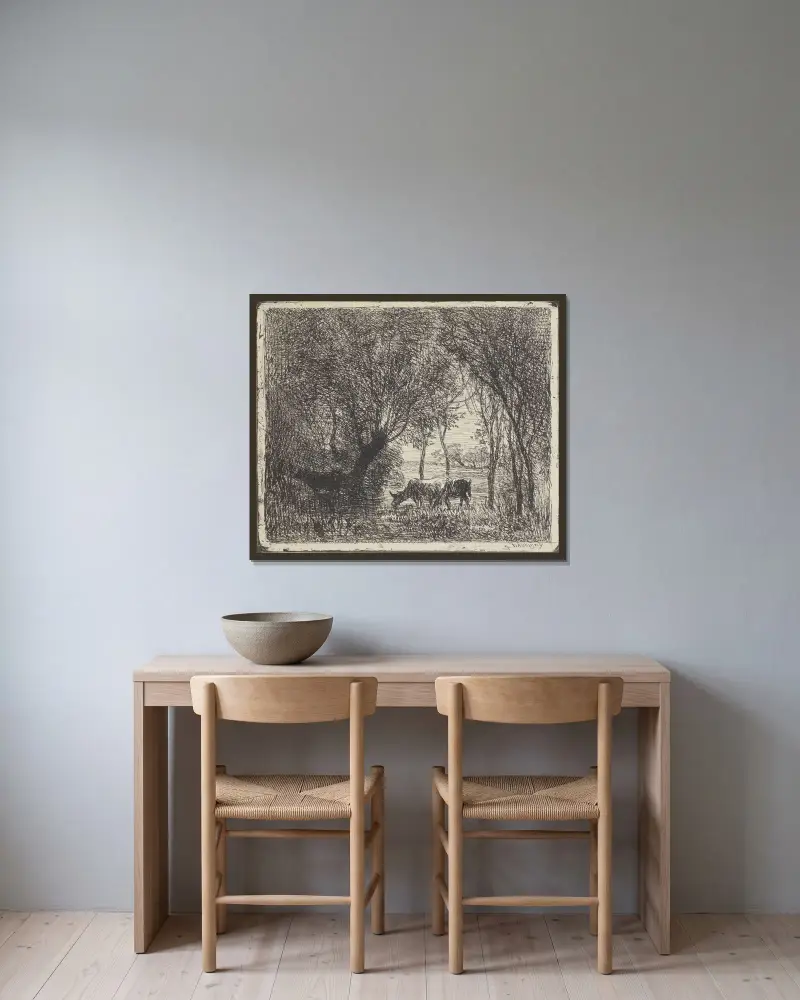 Kühe im Wald von Charles François Daubigny gerahmt an einer Wand