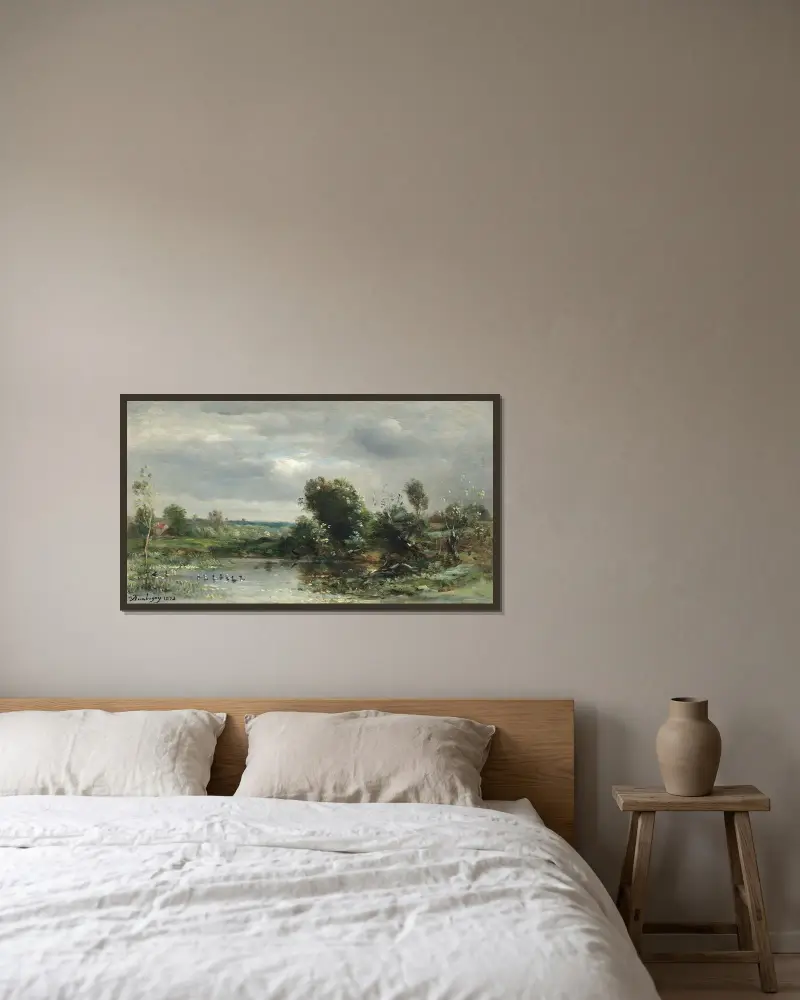 Ällingar på en sjö av Charles François Daubigny inramad på en vägg