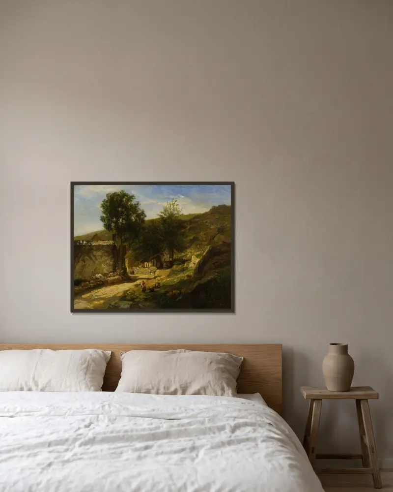 Infart till byn av Charles François Daubigny inramad på en vägg