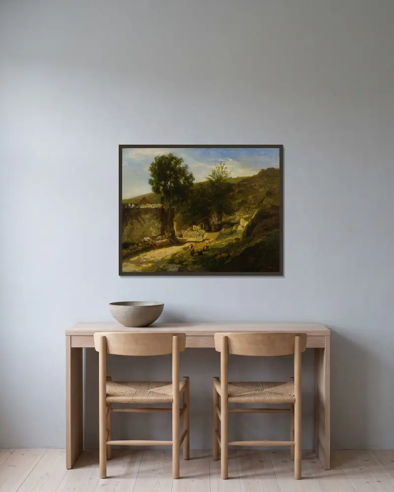 Infart till byn av Charles François Daubigny inramad på en vägg