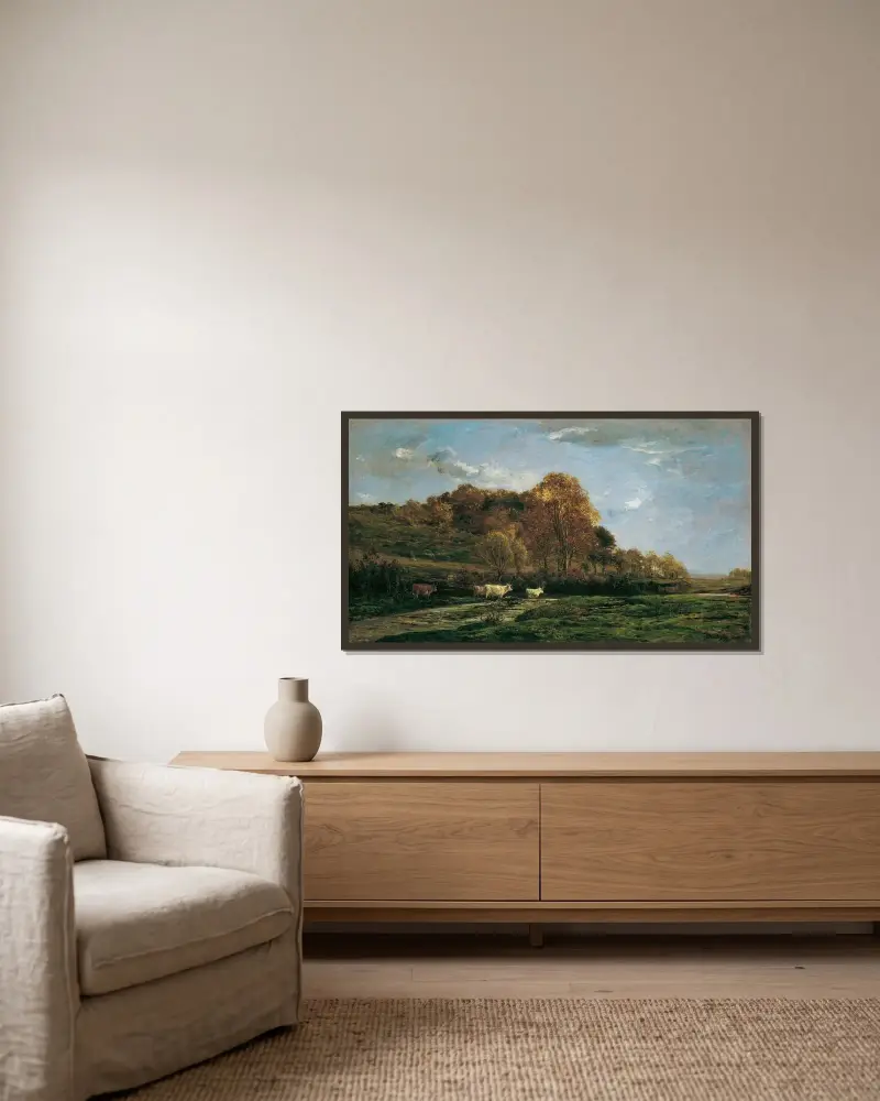 Höstligt flodlandskap i kvällsstämning av Charles François Daubigny inramad på en vägg