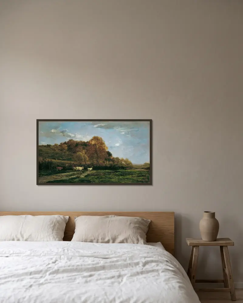 Höstligt flodlandskap i kvällsstämning av Charles François Daubigny inramad på en vägg