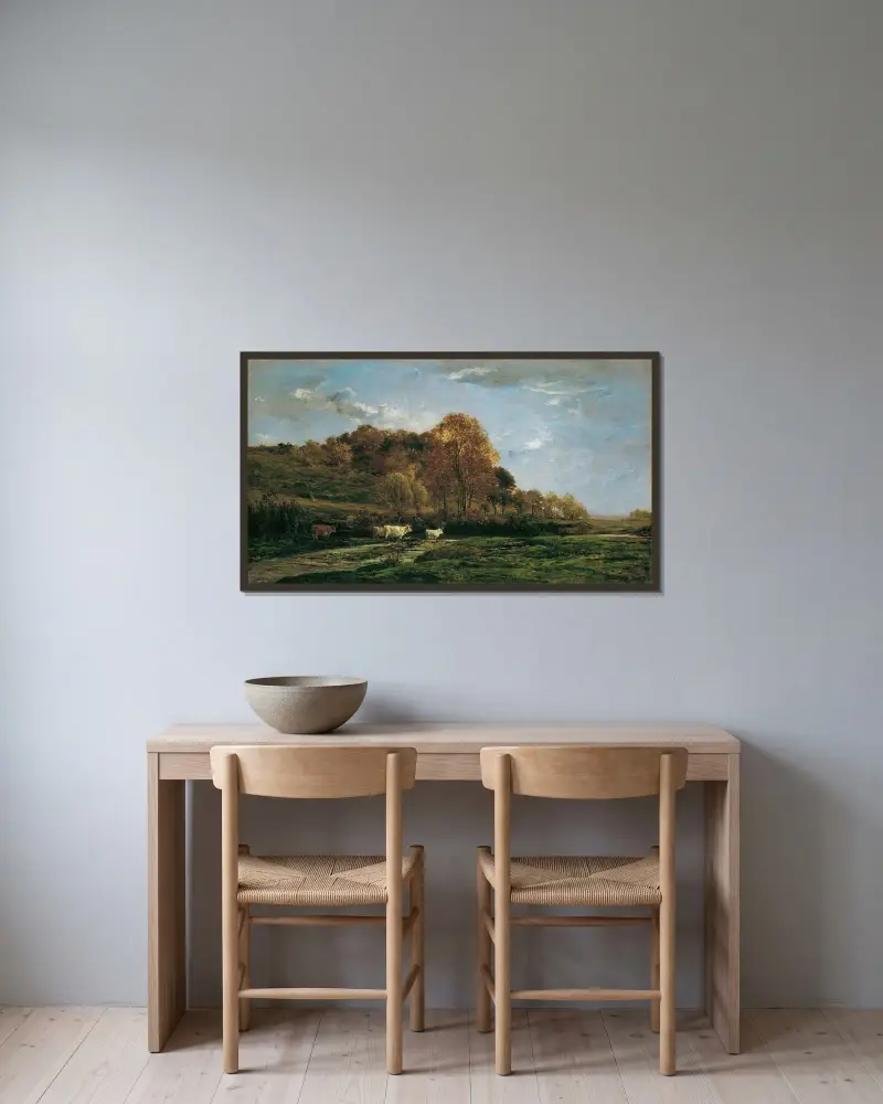 Höstligt flodlandskap i kvällsstämning av Charles François Daubigny inramad på en vägg