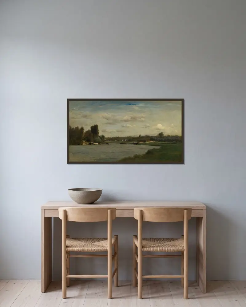 Landskap vid en flod av Charles François Daubigny inramad på en vägg