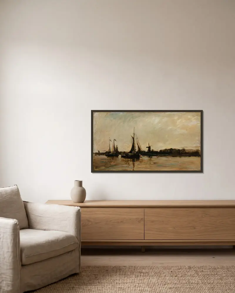 Landskap med kanal i Holland av Charles François Daubigny inramad på en vägg