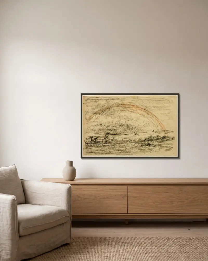 Landskap med regnbåge av Charles François Daubigny inramad på en vägg