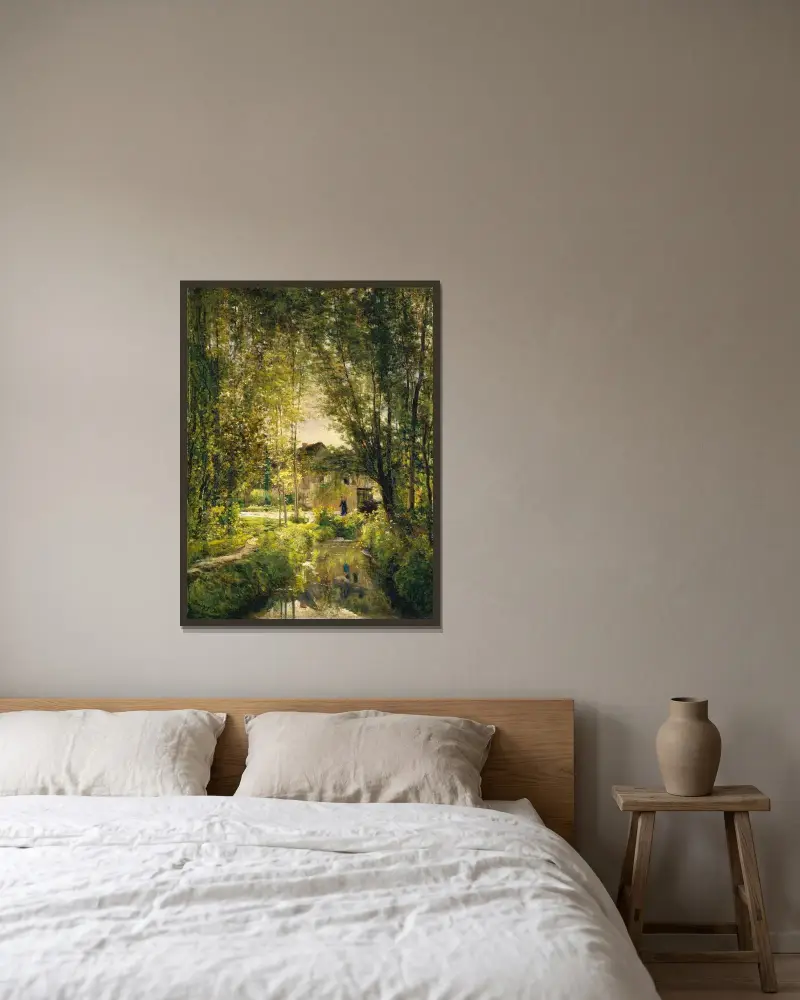 Landskap med solbelyst bäck av Charles François Daubigny inramad på en vägg
