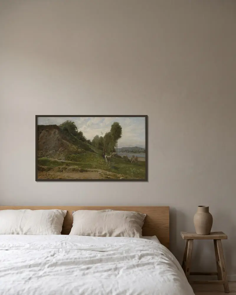 Landskap med får av Charles François Daubigny inramad på en vägg