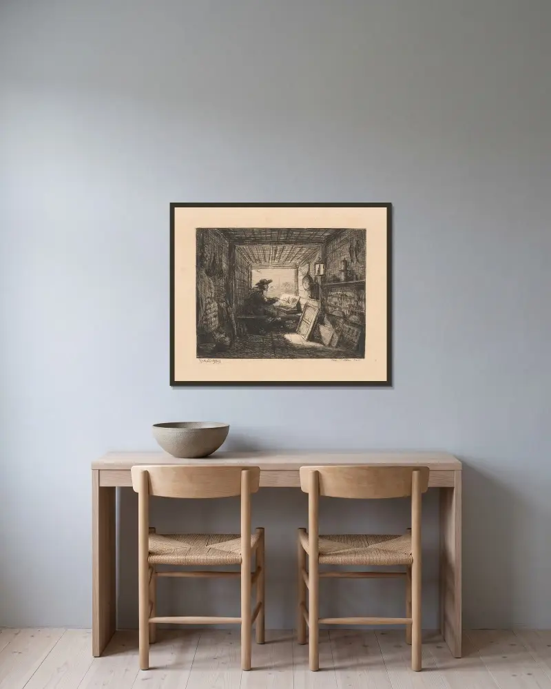 Båtstudion av Charles François Daubigny inramad på en vägg