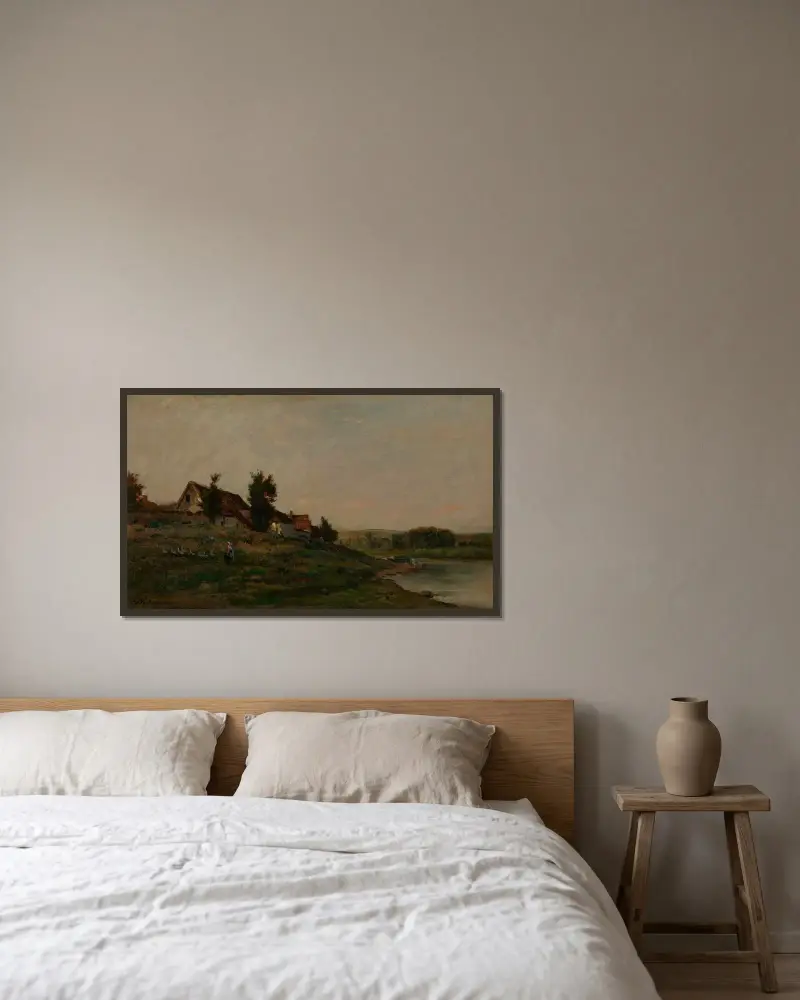 Stugan av Charles François Daubigny inramad på en vägg