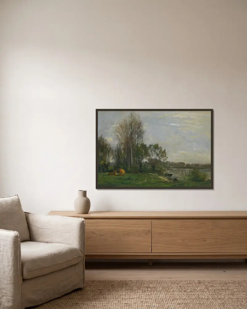 Oise-flodens strand av Charles François Daubigny inramad på en vägg