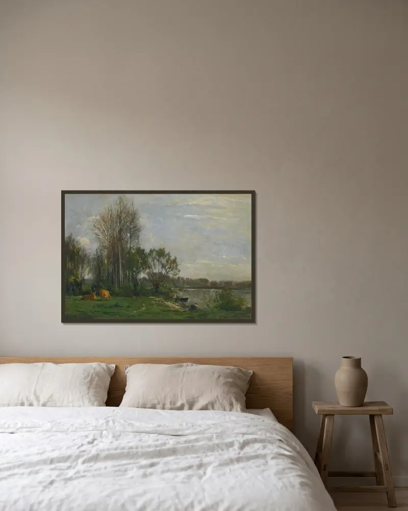 Oise-flodens strand av Charles François Daubigny inramad på en vägg