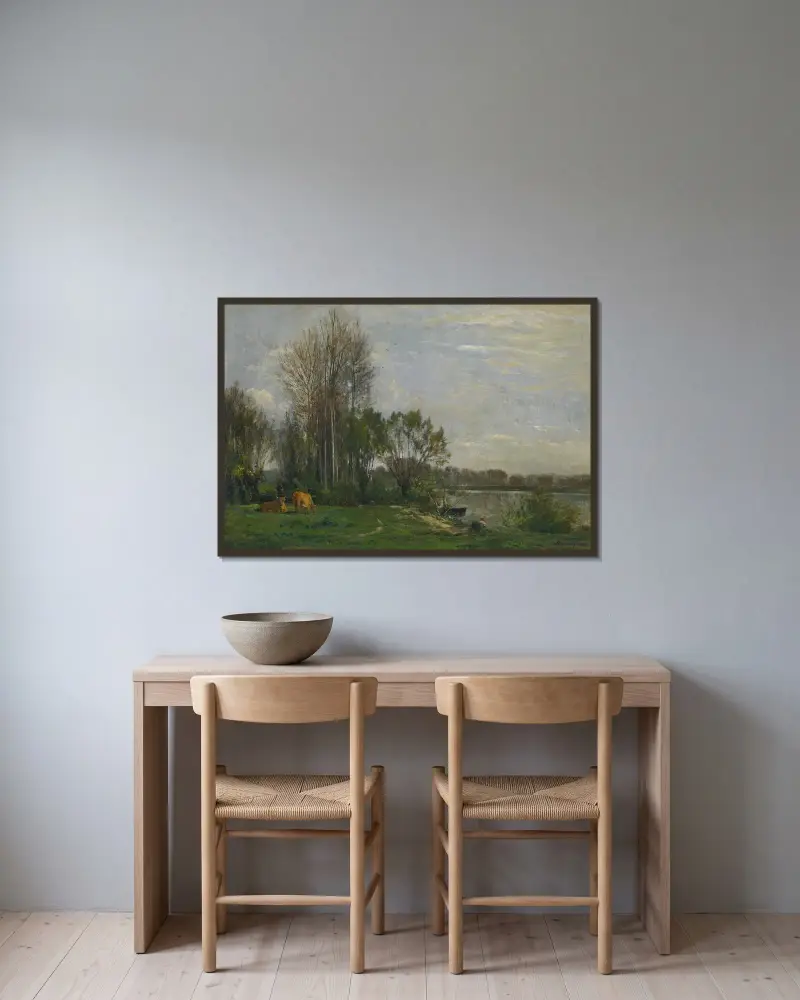 Oise-flodens strand av Charles François Daubigny inramad på en vägg