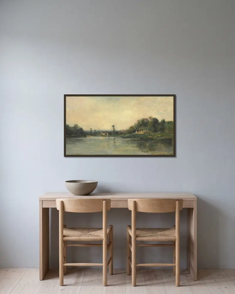 Oiseflodens stränder av Charles François Daubigny inramad på en vägg