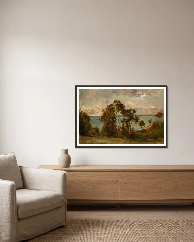 Les Hauts de Villerville Titre inscrit à l’inventaire Paysage av Charles François Daubigny inramad på en vägg