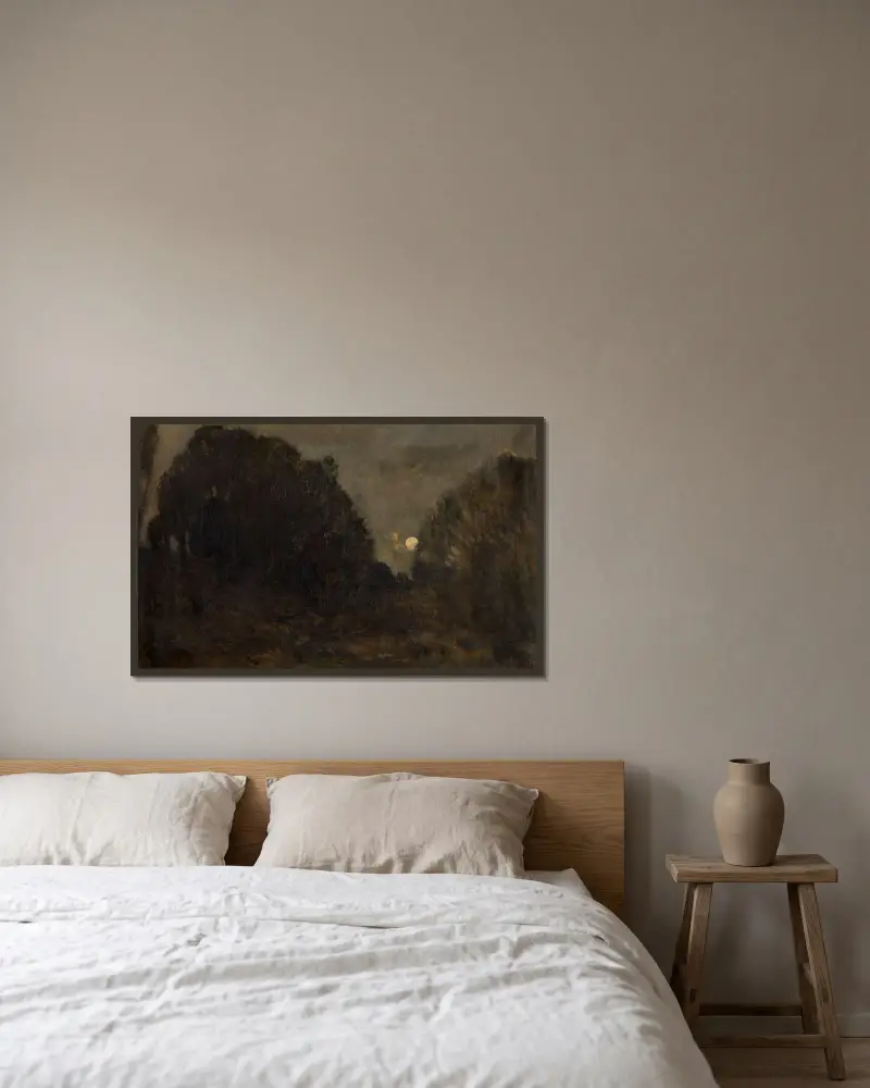 Månuppgång vid Barbizon av Charles François Daubigny inramad på en vägg