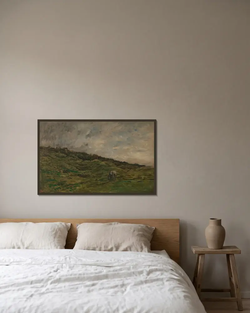 Betesmarker vid Graves nära Villerville (Normandie) av Charles François Daubigny inramad på en vägg