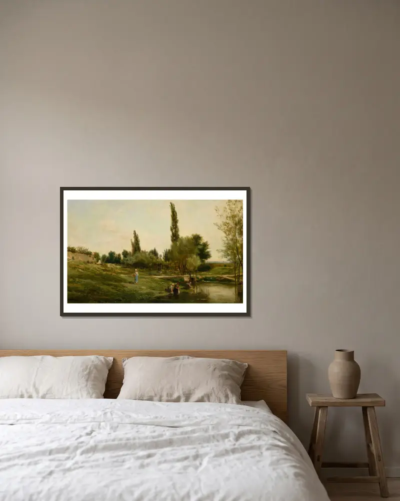 Paysage avec laveuses Peintre av Charles François Daubigny inramad på en vägg