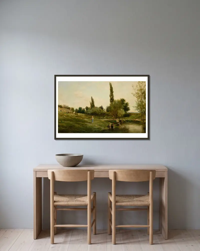 Paysage avec laveuses Peintre av Charles François Daubigny inramad på en vägg