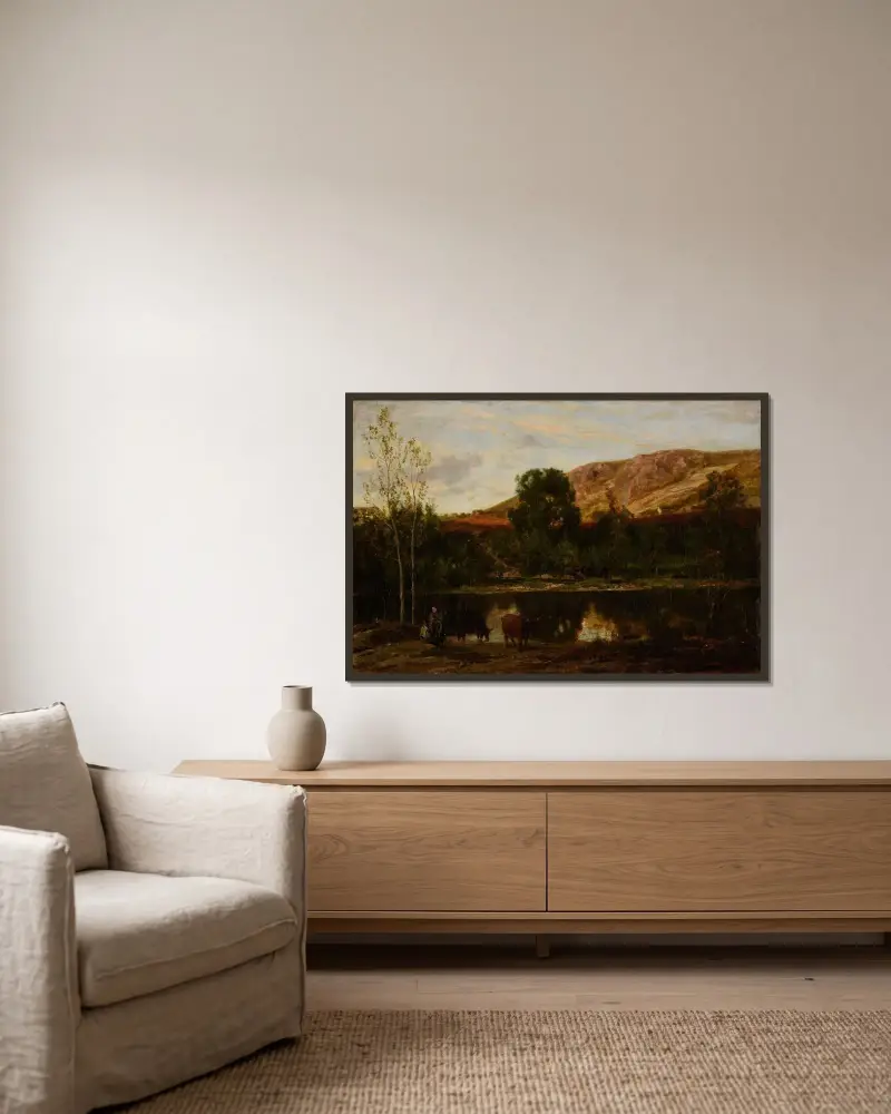 Landskap, damm av Charles François Daubigny inramad på en vägg