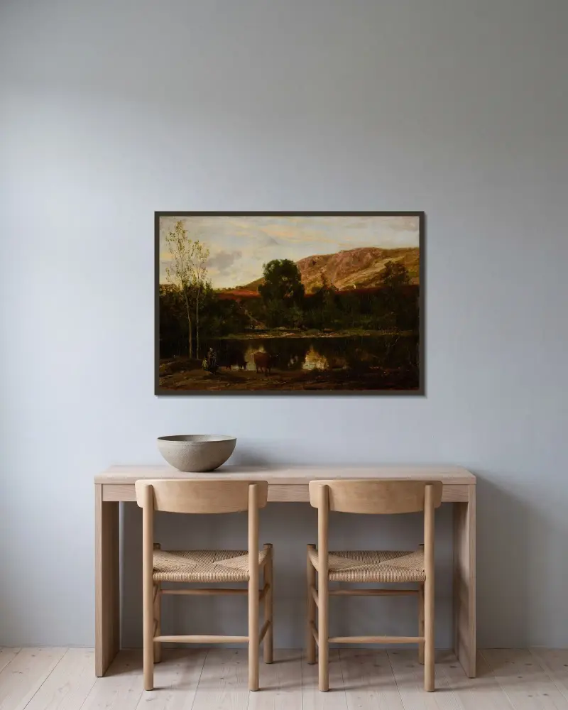 Landskap, damm av Charles François Daubigny inramad på en vägg