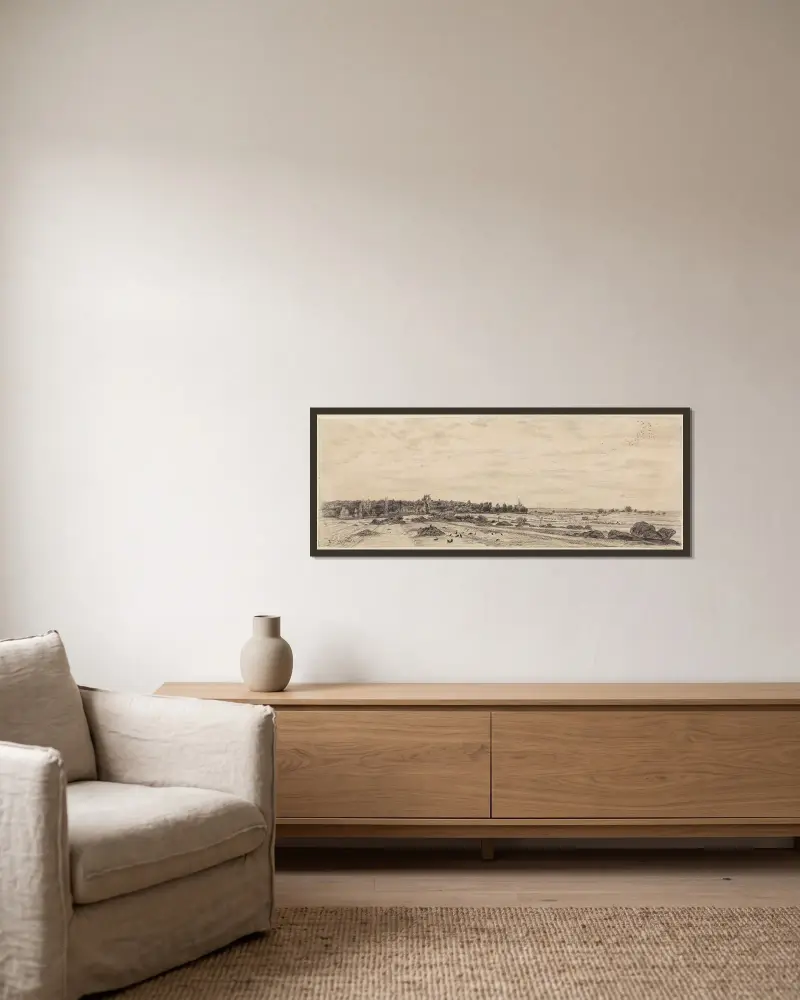Panoramalandskap av Charles François Daubigny inramad på en vägg