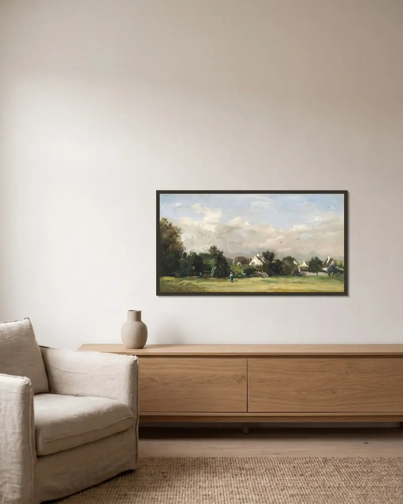 Bondkvinna nära en by av Charles François Daubigny inramad på en vägg