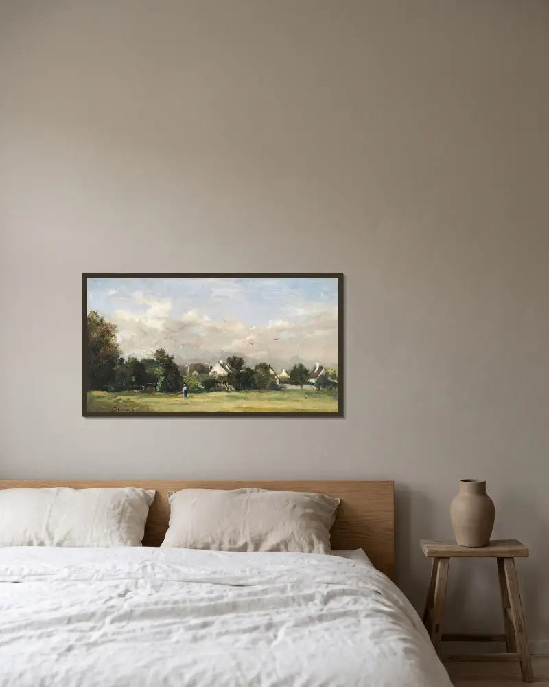 Bondkvinna nära en by av Charles François Daubigny inramad på en vägg